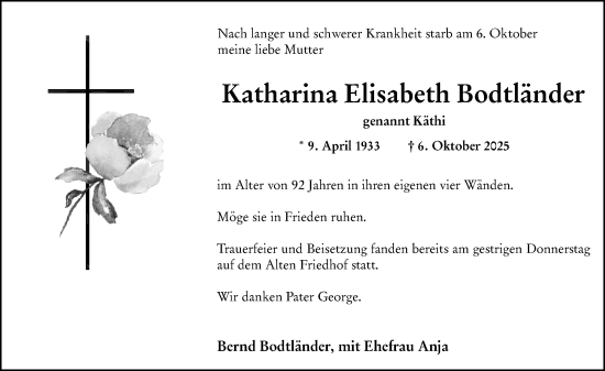 Traueranzeige von Katharina Elisabeth Bodtländer von Hochheimer Zeitung