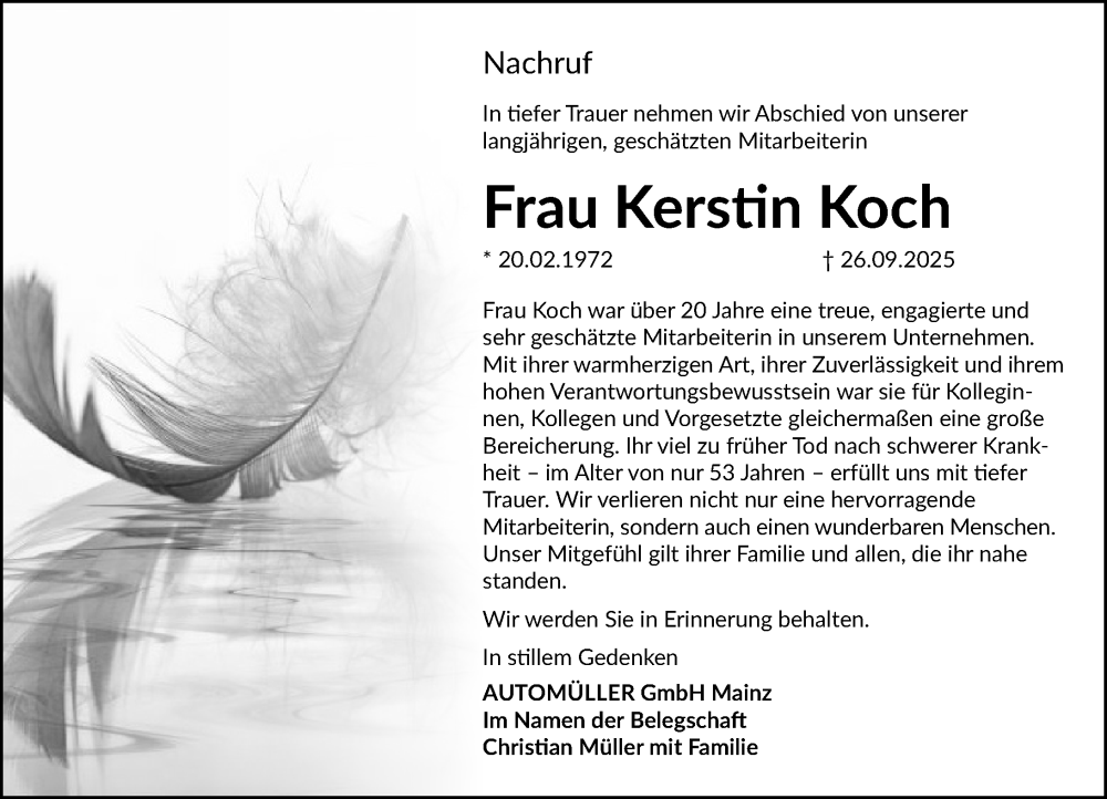  Traueranzeige für Kerstin Koch vom 04.10.2025 aus Allgemeine Zeitung Alzey