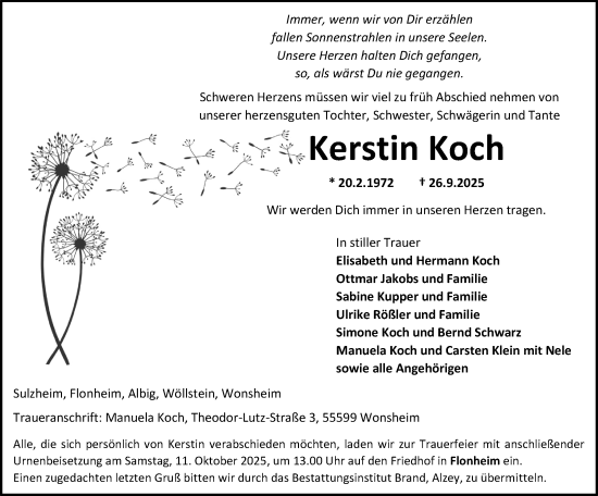 Traueranzeige von Kerstin Koch von Allgemeine Zeitung Alzey
