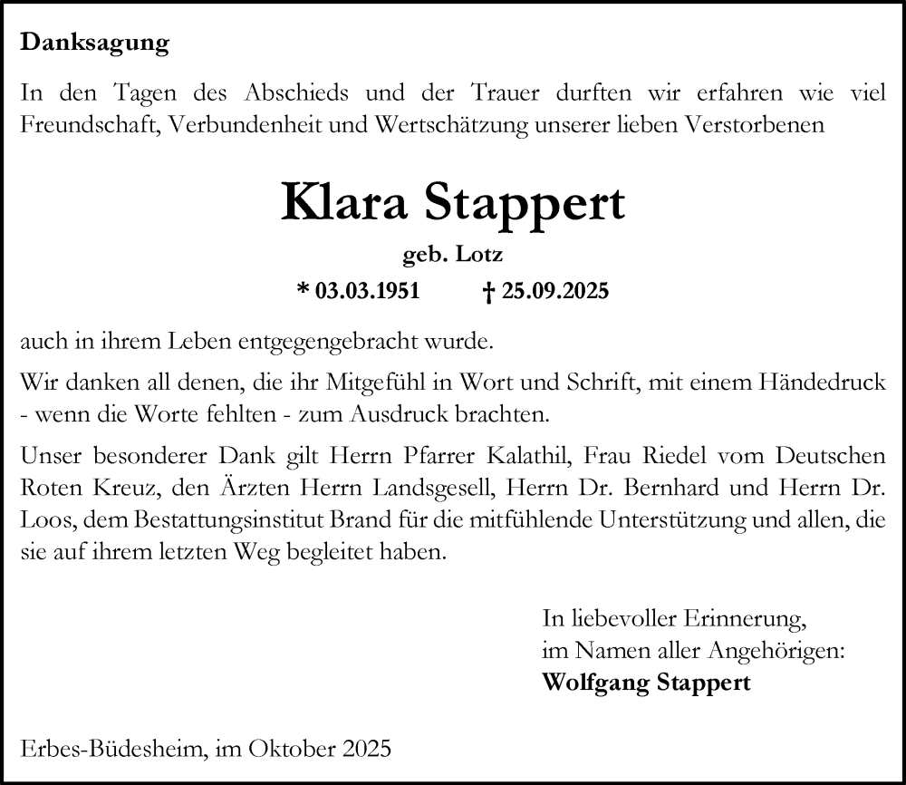  Traueranzeige für Klara Stappert vom 31.10.2025 aus Allgemeine Zeitung Alzey