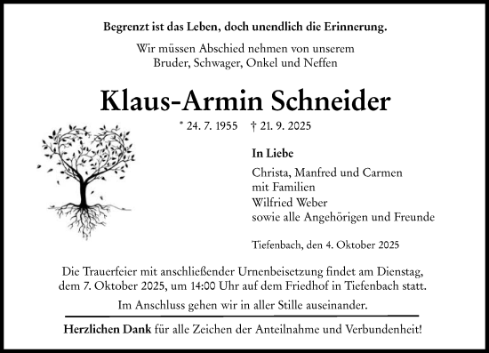 Traueranzeige von Klaus-Armin Schneider von Wetzlarer Neue Zeitung