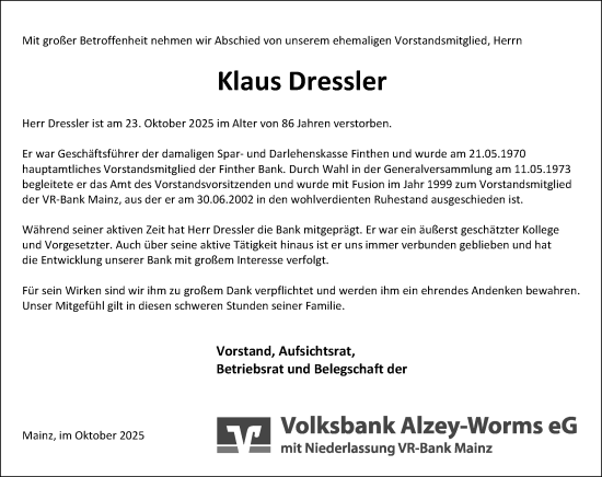 Traueranzeige von Klaus Dressler von Allgemeine Zeitung Mainz