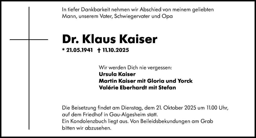  Traueranzeige für Klaus Kaiser vom 18.10.2025 aus Allgemeine Zeitung Rheinhessen-Nahe