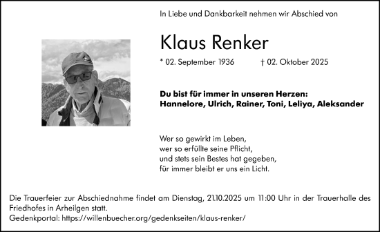 Traueranzeige von Klaus Renker von Darmstädter Echo