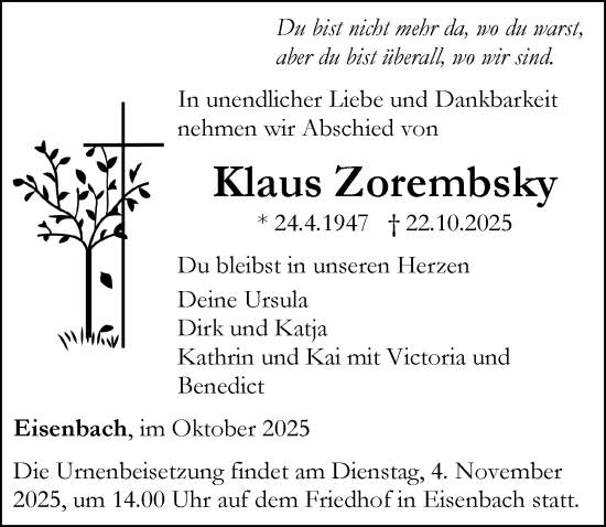 Traueranzeige von Klaus Zorembsky von Camberger Anzeiger