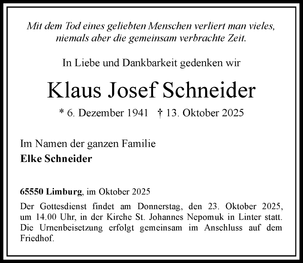  Traueranzeige für Klaus Josef Schneider vom 18.10.2025 aus Nassauische Neue Presse