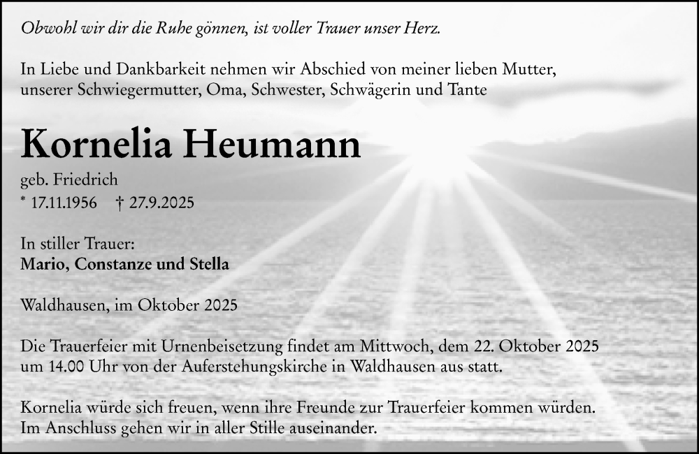  Traueranzeige für Kornelia Heumann vom 18.10.2025 aus Weilburger Tageblatt