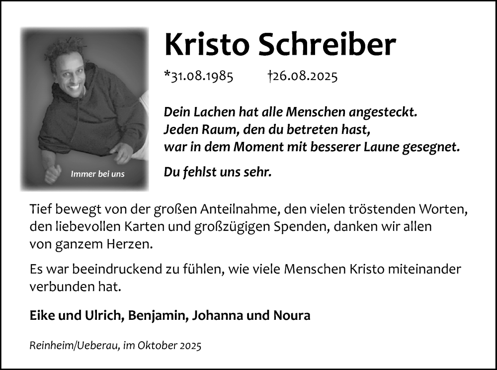  Traueranzeige für Kristo Schreiber vom 25.10.2025 aus Darmstädter Echo
