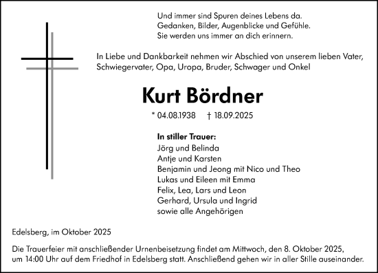 Traueranzeige von Kurt Bördner von Weilburger Tageblatt