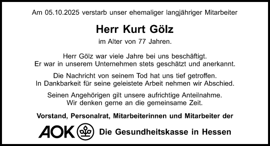 Traueranzeige von Kurt Gölz von Odenwälder Echo