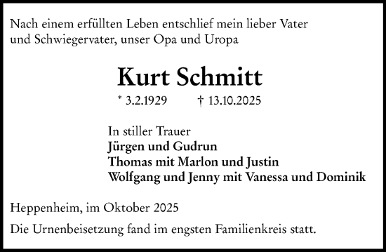 Traueranzeige von Kurt Schmitt von Starkenburger Echo