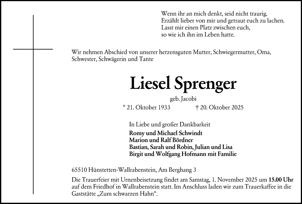  Traueranzeige für Liesel Sprenger vom 25.10.2025 aus Idsteiner Land/Untertaunus