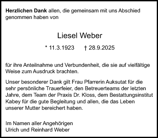 Traueranzeige von Liesel Weber von Groß-Gerauer Echo