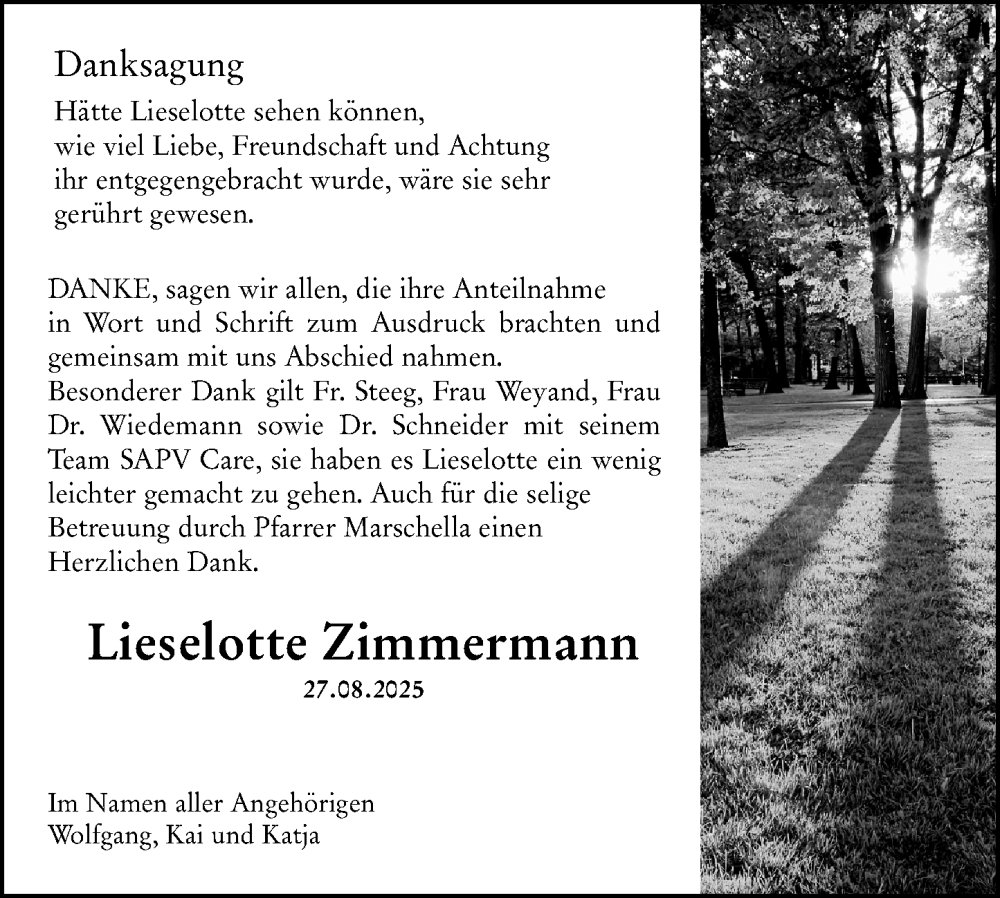  Traueranzeige für Lieselotte Zimmermann vom 04.10.2025 aus Allgemeine Zeitung Alzey