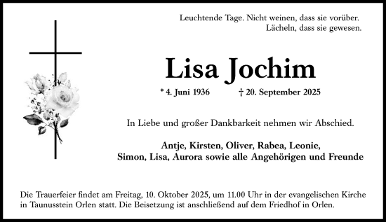 Traueranzeige von Lisa Jochim von Idsteiner Land/Untertaunus