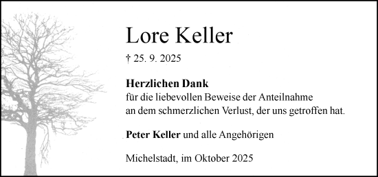 Traueranzeige von Lore Keller von Odenwälder Echo