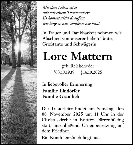 Traueranzeige von Lore Mattern von Allgemeine Zeitung Mainz
