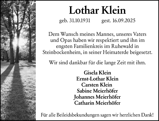 Traueranzeige von Lothar Klein von Allgemeine Zeitung Alzey