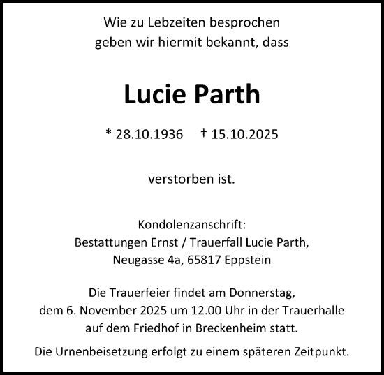 Traueranzeige von Lucie Parth von Wiesbadener Kurier