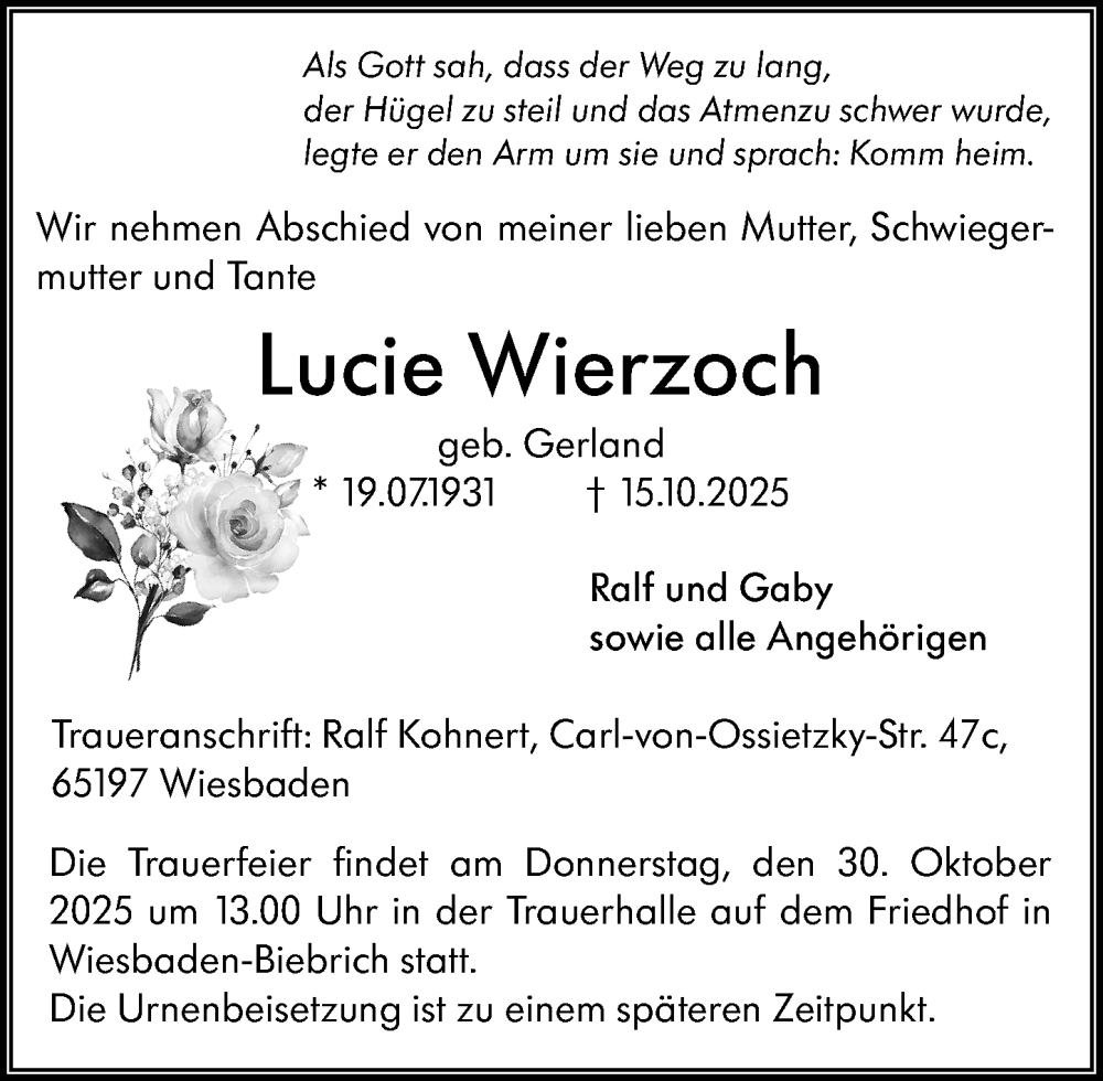  Traueranzeige für Lucie Wierzoch vom 25.10.2025 aus Wiesbadener Kurier