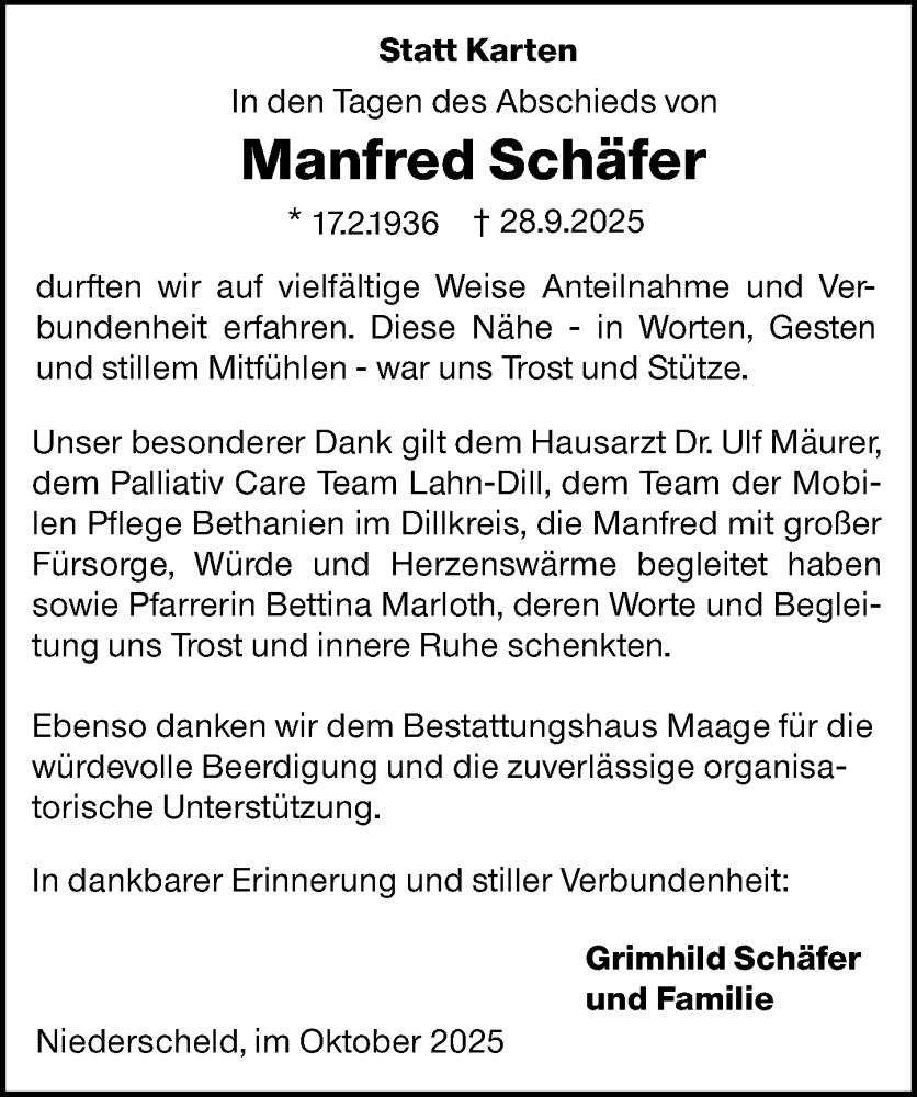  Traueranzeige für Manfred Schäfer vom 16.10.2025 aus Dill Block