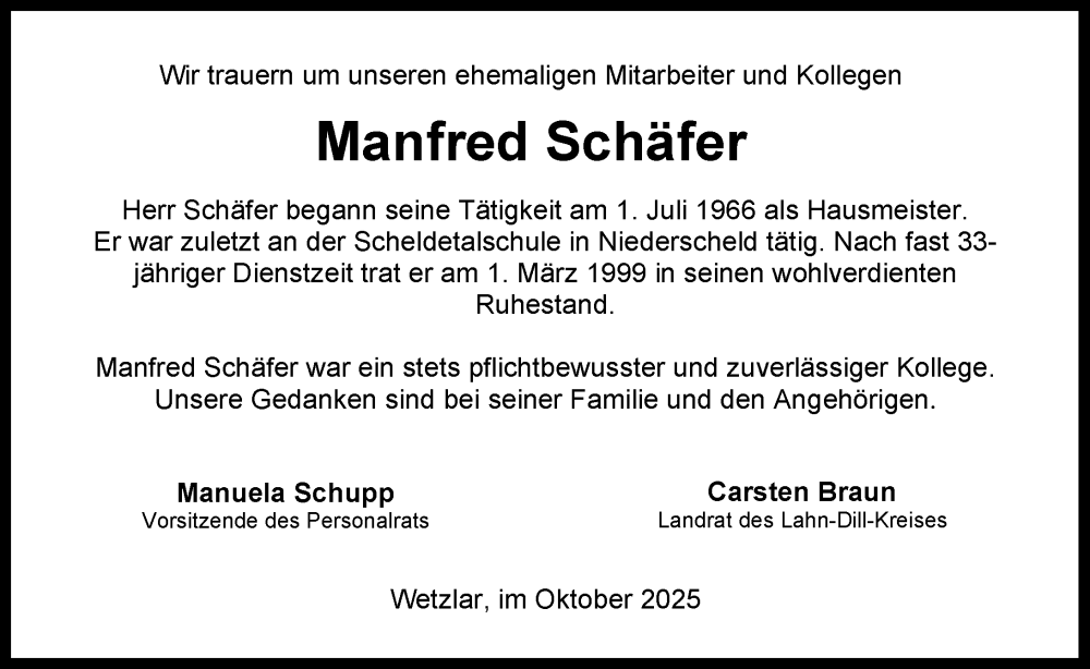  Traueranzeige für Manfred Schäfer vom 22.10.2025 aus Dill Block