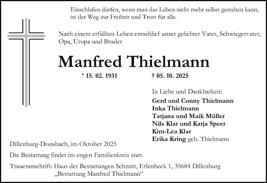 Traueranzeige von Manfred Thielmann von Dill Block