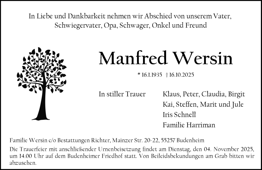  Traueranzeige für Manfred Wersin vom 25.10.2025 aus Allgemeine Zeitung Mainz