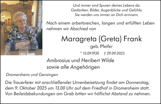 Traueranzeige von Margareta Frank von Allgemeine Zeitung Rheinhessen-Nahe