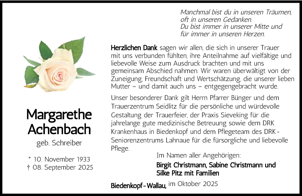  Traueranzeige für Margarethe Achenbach vom 10.10.2025 aus Hinterländer Anzeiger
