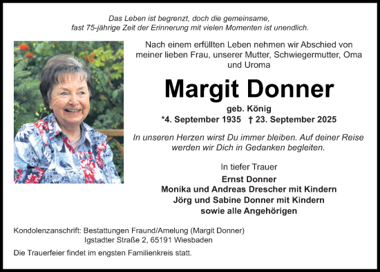 Traueranzeige von Margit Donner von Wiesbadener Kurier
