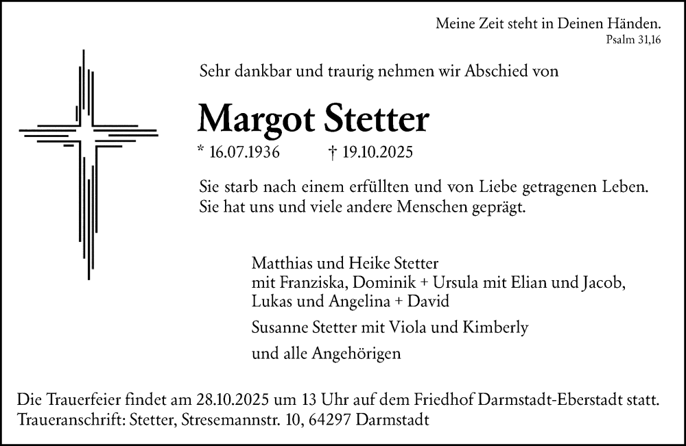  Traueranzeige für Margot Stetter vom 25.10.2025 aus Darmstädter Echo
