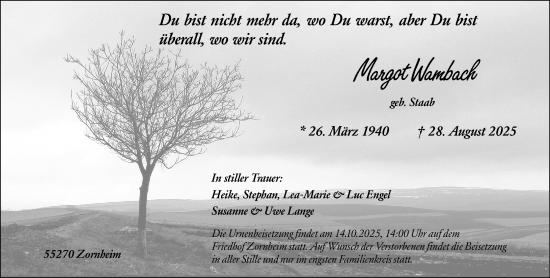 Traueranzeige von Margot Wambach von Allgemeine Zeitung Mainz