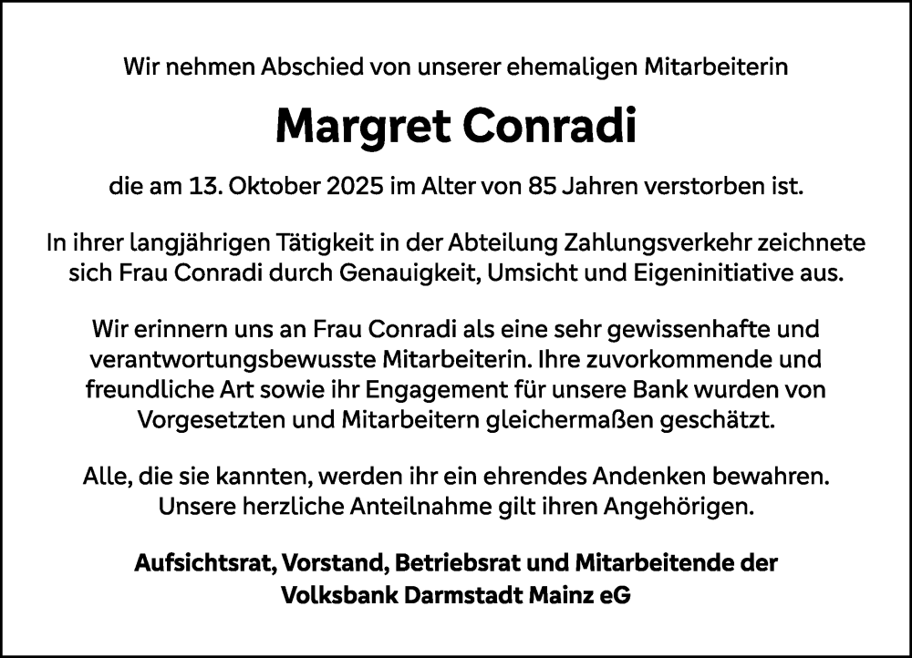  Traueranzeige für Margret Conradi vom 25.10.2025 aus Allgemeine Zeitung Mainz