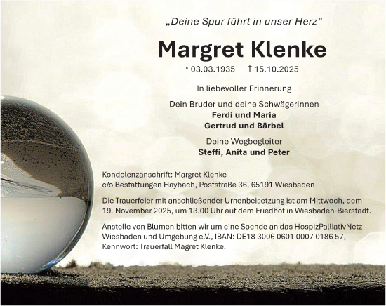 Traueranzeige von Margret Klenke von Wiesbadener Kurier