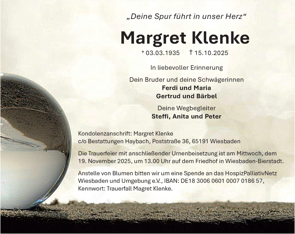  Traueranzeige für Margret Klenke vom 01.11.2025 aus Wiesbadener Kurier