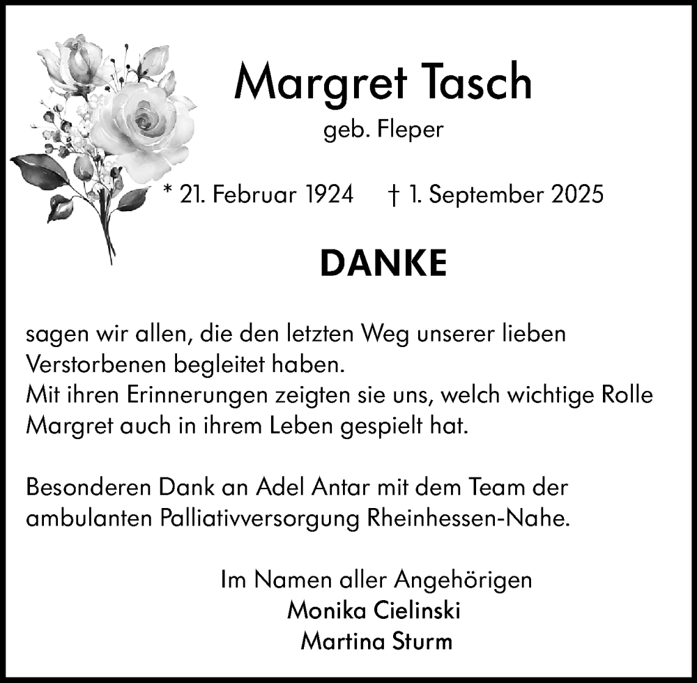  Traueranzeige für Margret Tasch vom 18.10.2025 aus Binger-/Ingelheimer Wochenblatt