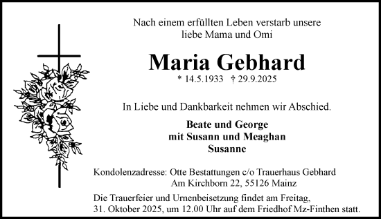 Traueranzeige von Maria Gebhard von Allgemeine Zeitung Mainz
