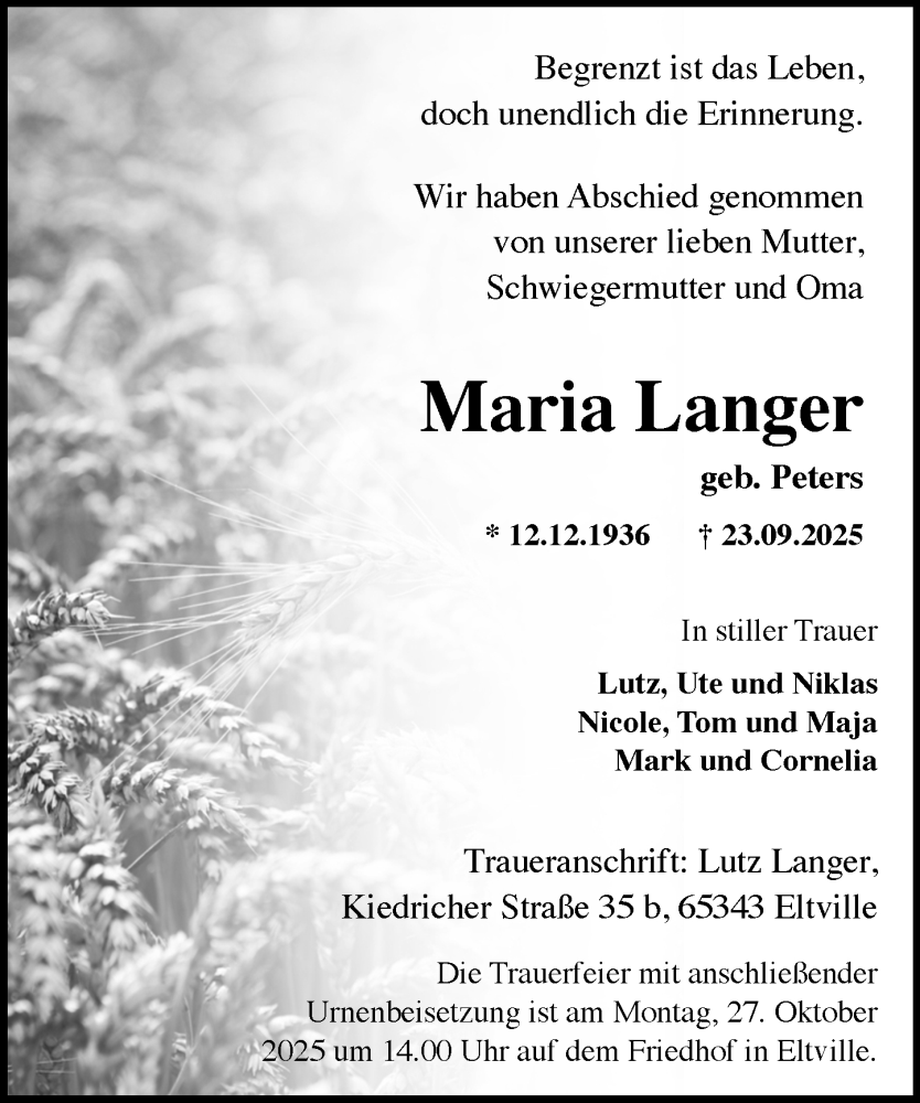  Traueranzeige für Maria Langer vom 04.10.2025 aus Wiesbadener Kurier