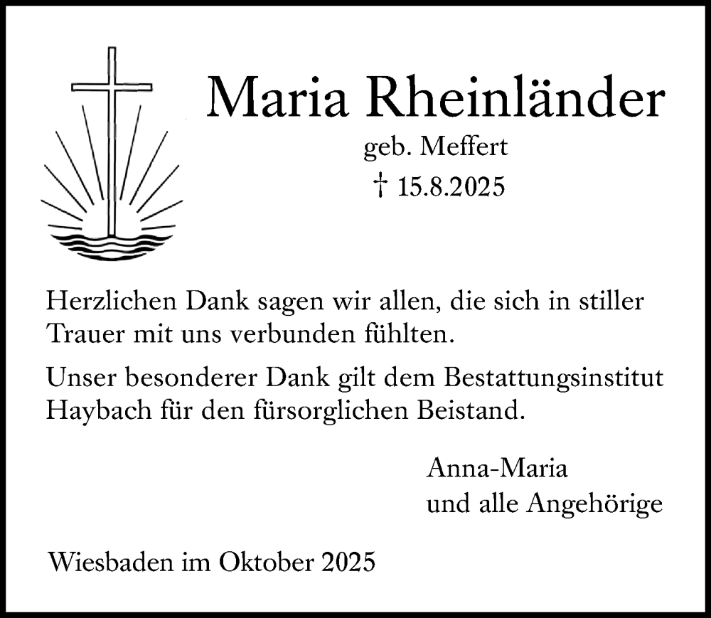  Traueranzeige für Maria Rheinländer vom 01.11.2025 aus Wiesbadener Kurier