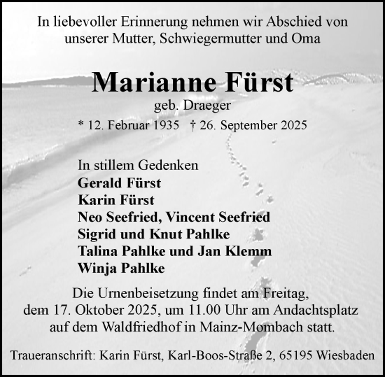 Traueranzeige von Marianne Fürst von Allgemeine Zeitung Mainz