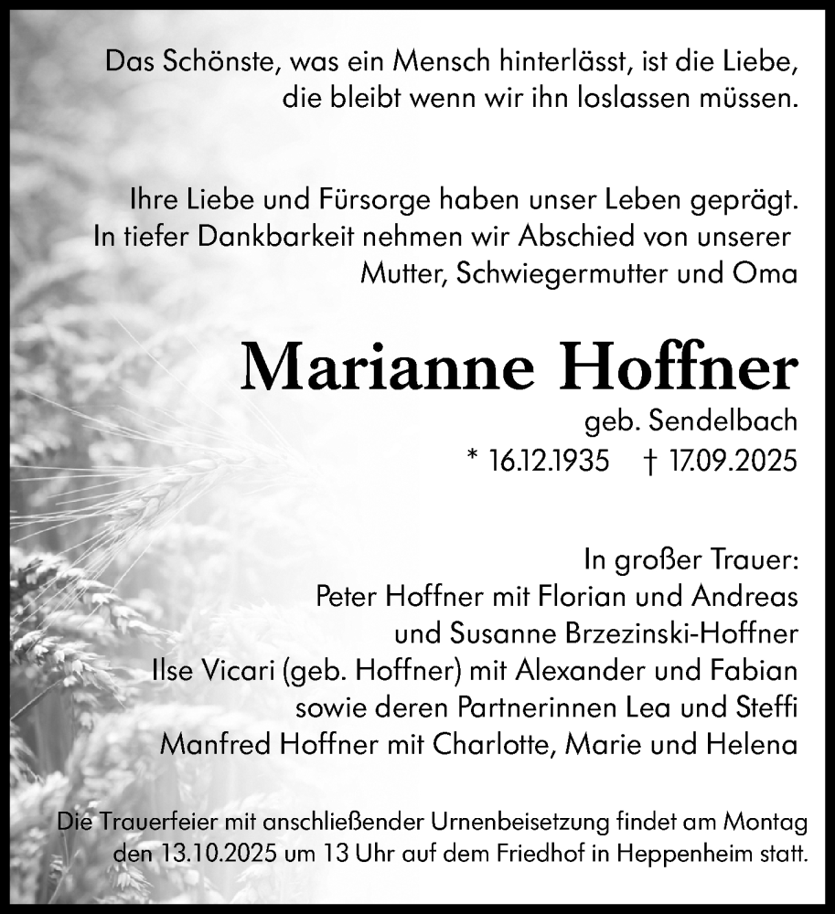  Traueranzeige für Marianne Hoffner vom 04.10.2025 aus Starkenburger Echo