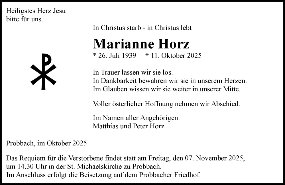  Traueranzeige für Marianne Horz vom 23.10.2025 aus Weilburger Tageblatt