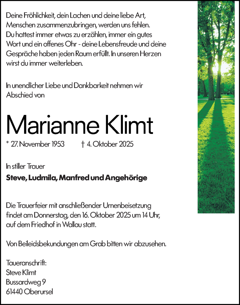  Traueranzeige für Marianne Klimt vom 13.10.2025 aus Hinterländer Anzeiger