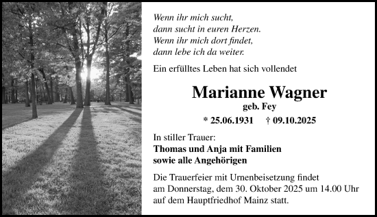 Traueranzeige von Marianne Wagner von Allgemeine Zeitung Alzey