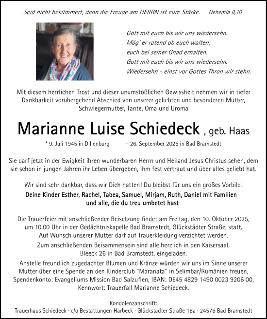 Traueranzeige von Marianne Luise Schiedeck von Dill Block