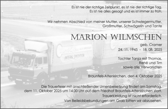 Traueranzeige von Marion Wilmschen von Wetzlarer Neue Zeitung