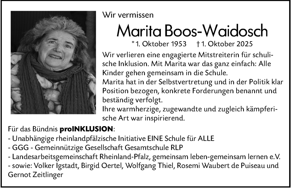  Traueranzeige für Marita Boos-Waidosch vom 18.10.2025 aus Allgemeine Zeitung Mainz