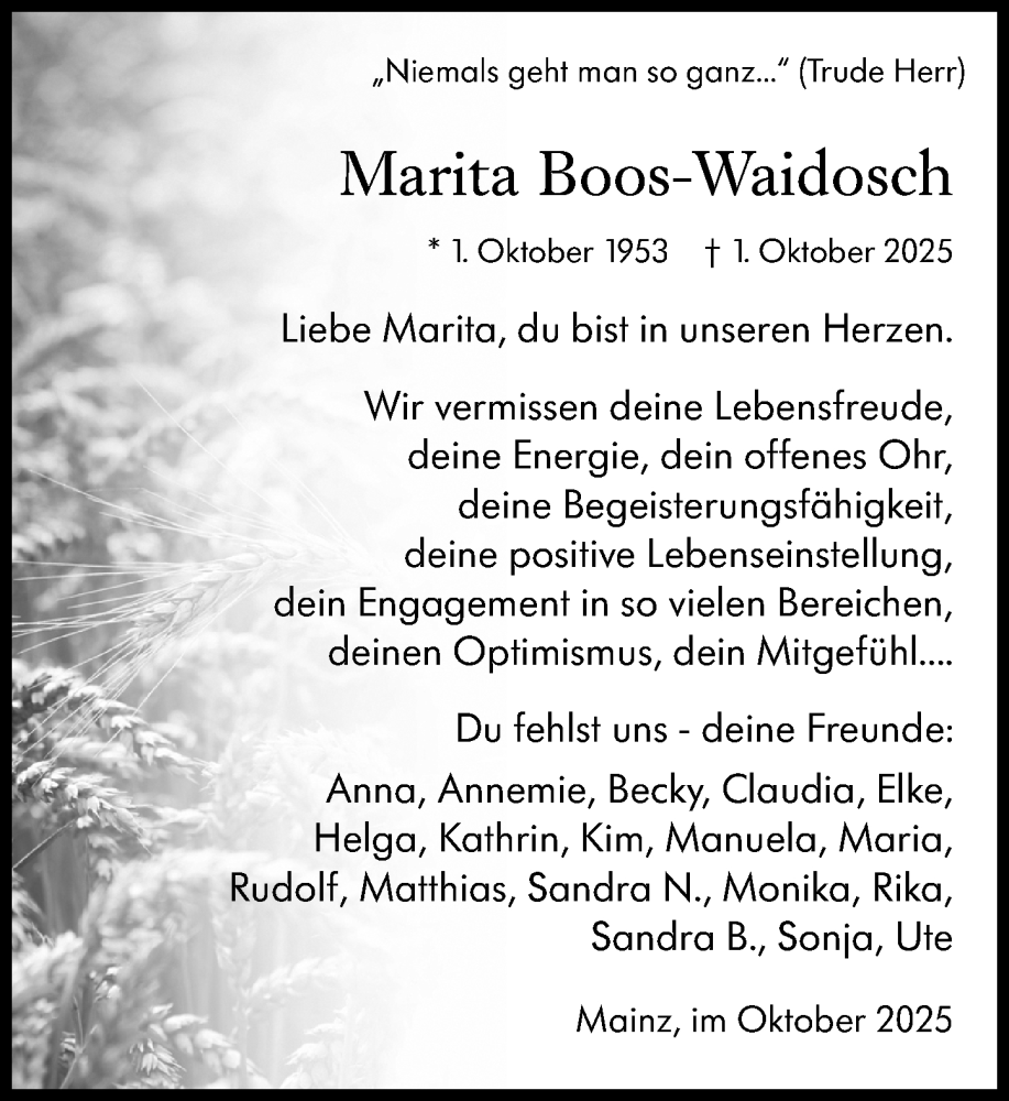  Traueranzeige für Marita Boos-Waidosch vom 25.10.2025 aus Allgemeine Zeitung Mainz