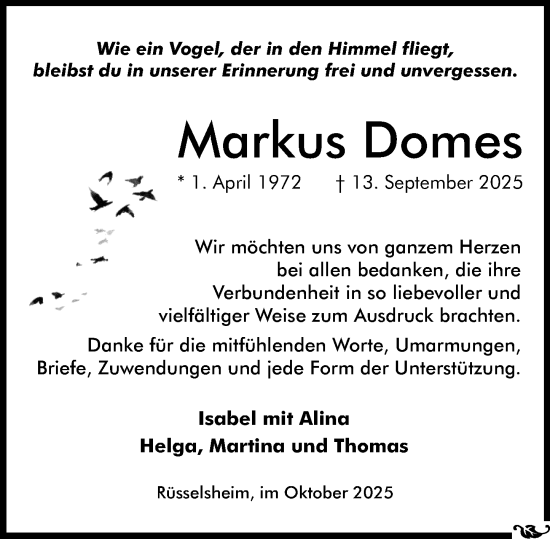 Traueranzeige von Markus Domes von Rüsselsheimer Echo